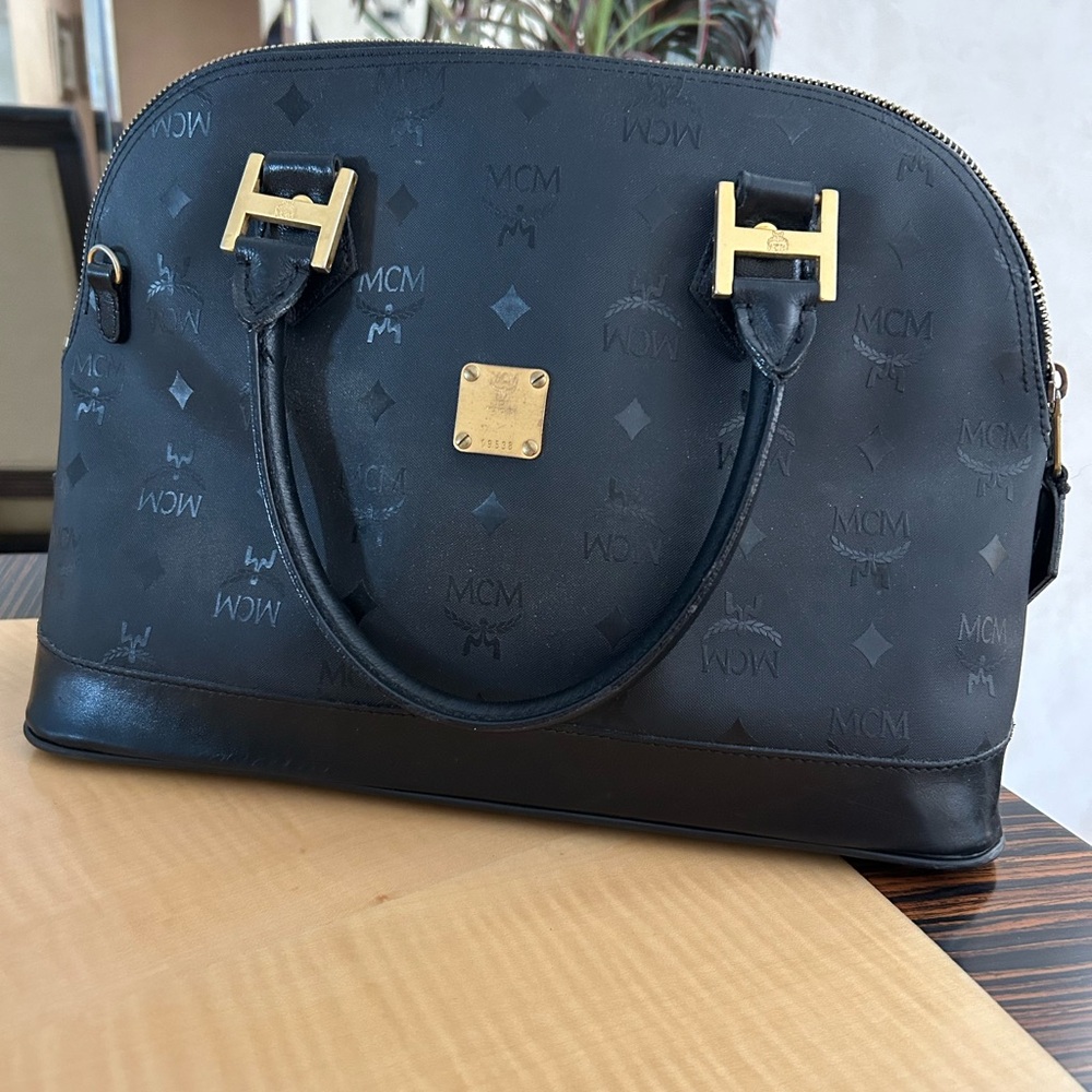 Authentic MCM Monogram Visetos Black Tote Dome handbag with Gold hardware